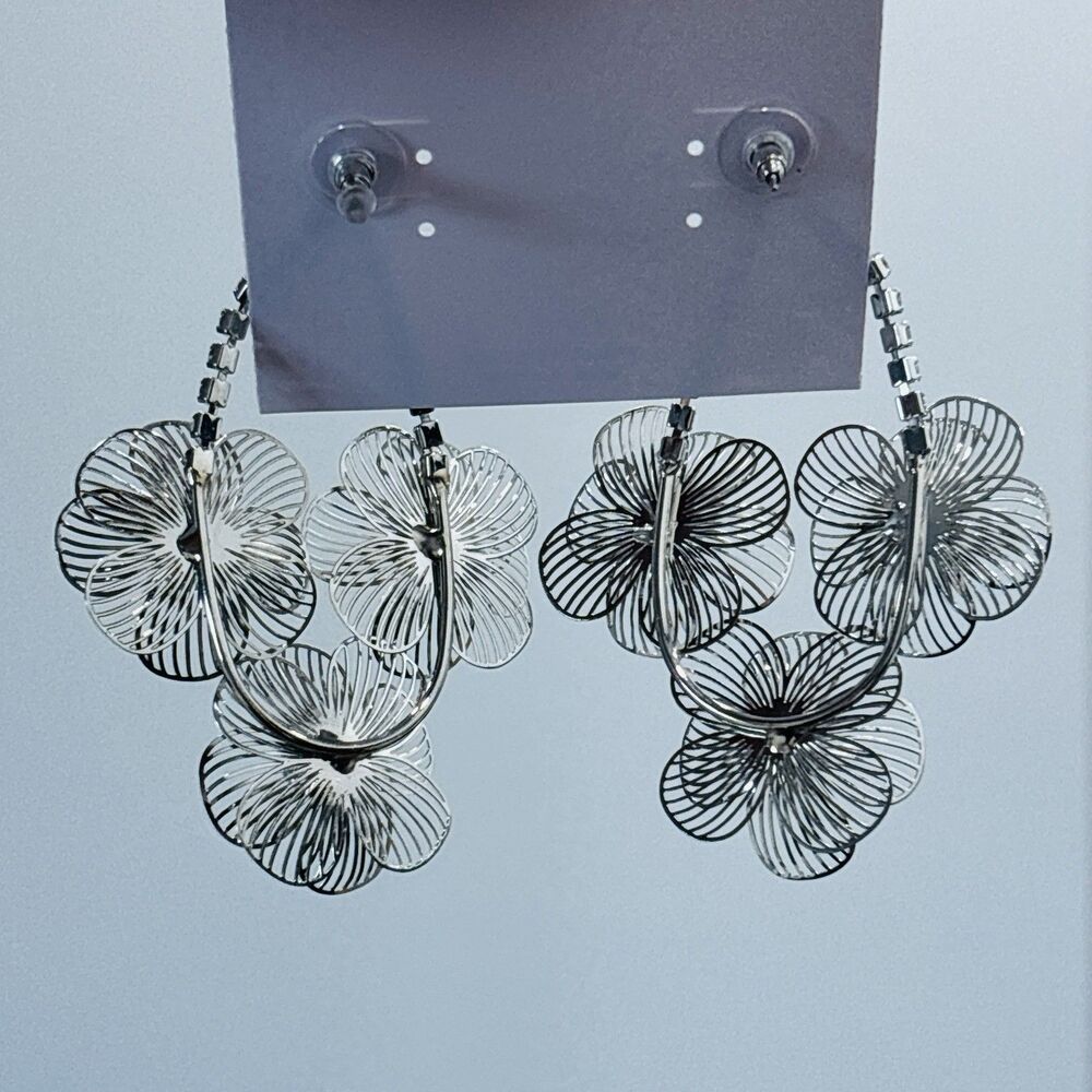 Natasha Silver Tone Wire Floral Rhinestone Statement Earrings NWT - Picture 9 of 9